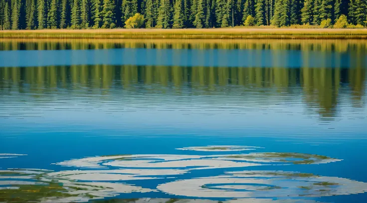 Create an image of a tranquil lake with ripples spreading across the surface. Reflect abstract shapes on the waters edge to symbolize acceptance, showcasing that disturbances are part of the journey.