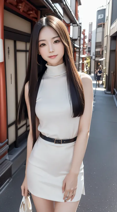 (Refreshing smile:1.5),(Look at viewers:1.1）,（hide ones hands:2.0）,(Beautiful Japan Woman）,（straight haired, Long hair, strong wind in the hair:1.5), （ High neck sleeveless , tight skirts:1.5), （high-heels;1.3), detailed  clothes, (Perfect female body), (N...