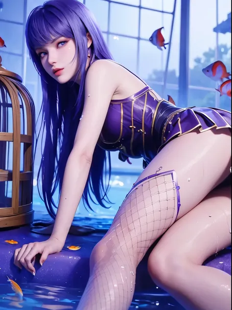 25-year-old Korean girl，1 Sister，girl on top， dive， I have a perfect face， eBlue eyes， income，  dive，Under water深处，Under water，breaking，ton de asur，(((Fish cage as a whole, Purple colored hair,delicate high heels，smooth thigh，Exquisite facial features and ...