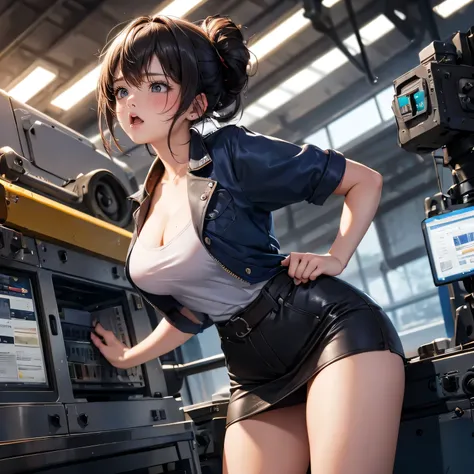 high-definition images, atmospheric perspective, 8k, super detail, accurate, best quality, single shot, a women, worker clothes,, tight skirt, (straddling to hit her crotch on exposed pipe), open mouth, open legs, raise leg, (ecstasy face), (drooping eyes,...