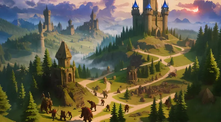 painting of a castle with a path leading to it and a path leading to it, medieval fantasy game art, d & d dragon age warcraft, medieval fantasy landscape, heroes of might and magic, epic castle with tall spires, world of warcraft art style, whiterun in the...