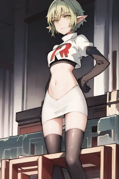 best quality, (masterpiece:1.2), detailed,
1girl, solo, pointy ears,
green hair, green eyes, short hair, short hair with long locks, 
team rocket,team rocket uniform, red letter R, white skirt,white crop top,black thigh-highs,black elbow gloves