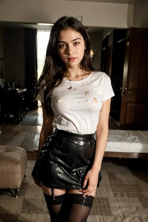 ((best quality)), ((masterpiece)), ((Perfect face)), ((8-year-old girl)), Big eyes. Full height. standing on my feet. Dressed in a white shirt. Long black skirt. Sexy stockings on her legs. With black hair. Cum dripping from face.