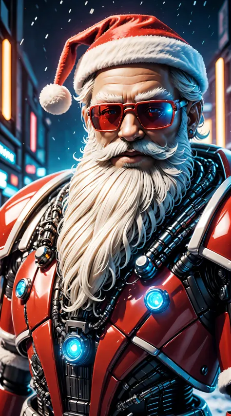 warhammer 40k universe, cybernetic santa claus, robotic arm with intricate details, futuristic exoskeleton suit, glowing red sun...