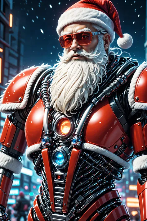 warhammer 40k universe, cybernetic santa claus, robotic arm with intricate details, futuristic exoskeleton suit, glowing red sun...