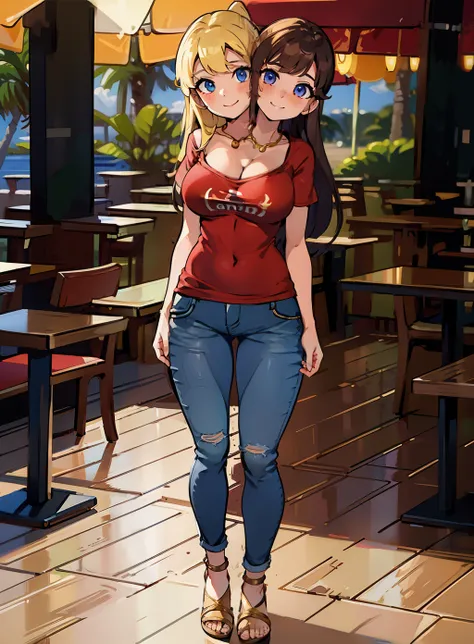 best quality, (masterpiece),(ultra-detailed), (high quality), (high resolution), (2heads:1.5) Gal, blonde hair, brown hair, medium breasts, thighs, cleavage, demin jeans, full body,best quality:1.5, highres, UHD, 4K), smiling, ((red t shirt)), sandals, (go...