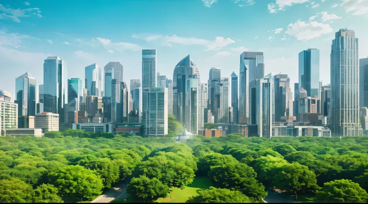 City of the Future、Morning scene、optic、futuristic city map、８k、high-level image quality、high-detail、レーザーoptic線を使用したリアルな画像のガラスの建物、greened、highrise buildings、a park、Wagas、green nature、futuristic background、A surreal science city lined with giant science、Super...