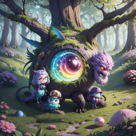 ((4 eyes kokkoni cute (very tiny monster) have rainbow colorful body, claws hands,leather feather skin): add crystal gem,cube,mushrooms,chaos,yin yang, magical ),(super cute effect),(chibi),(3m sticker collection:1.0),lay in the forest, (hip hop freestyle)...