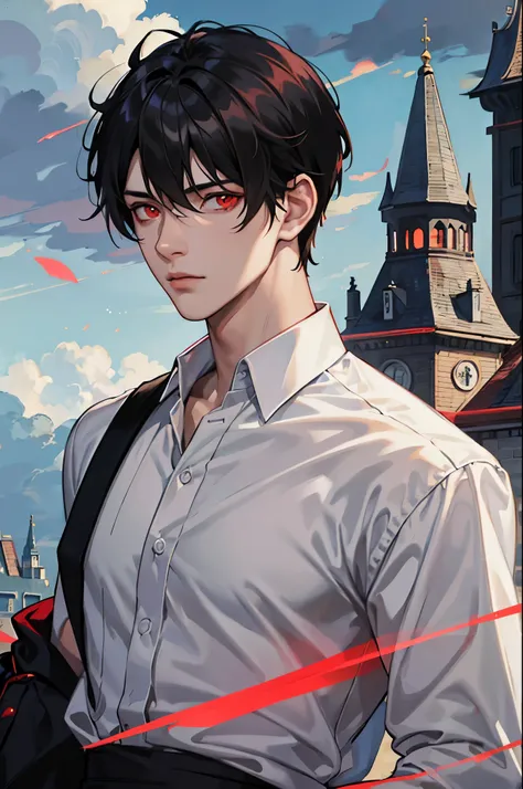 masutepiece, 1boy, Black hair, Short hair, Red Eyes, Glowing eyes, white  shirt, Upper body, Portrait, gloomy castle