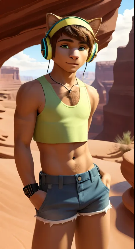 A cat boy stands in a sandy canyon, he is wearing a short green top and listens to music, fluffy fur, crop top, headphones on head, sandy western canyon, crop top, Short shorts