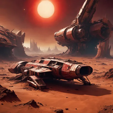 Spacecraft wreckage on Mars, desolate, ruins, futurism, cyberpunk atmosphere, dystopian landscape, cold and metal, eerie atmosphere, extraterrestrial technology, massive size, aging and weathering, shaky structures, (science-fiction concept art),(detailed ...