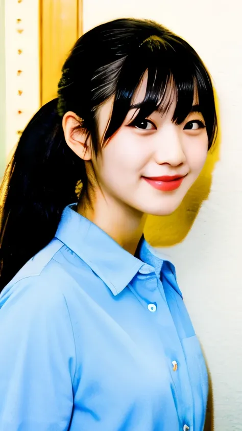 an 18 year old Japanese girl. the color of the left eye is blue, the right eye is red, very detailed. His hair color is black and a little blue color is ponytail hair. wearing a white shirt. while smiling sweetly. background in the apartment room