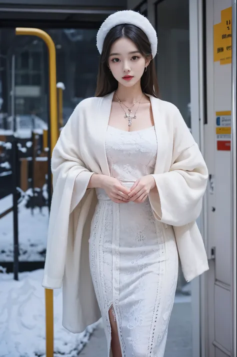 tmasterpiece，Best quality，Stunning beauty，1 mother，Black and white，She is a model，Wear a stylish dreseautiful figure，She is 38 years old，Her eyes are blue，Snow-whiteskin，Tall and tall。