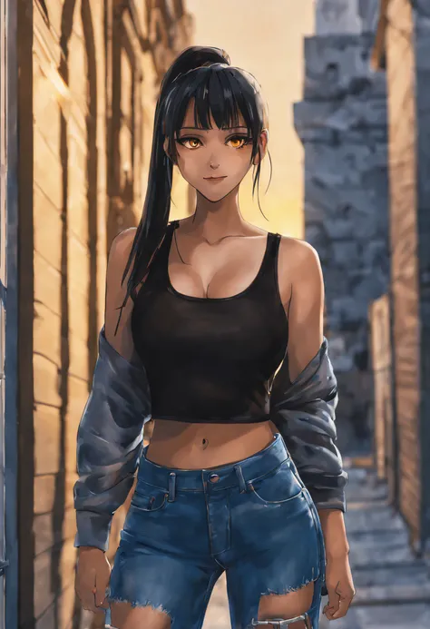 1girl, naughty smile, (wearing black crop top), medium breasts, tanned skin, (yellow eyes), black hair, ponytail hairstyle, standing against a wall, (blue jeans), city, evening lights, sunshine, masterpiece, high quality, photograph, 4k, uhd, ambient light...