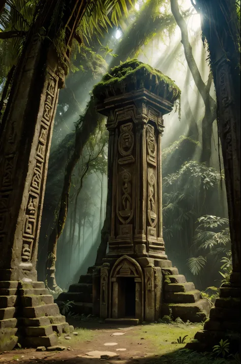 (mysterious ancient relics,ancient,relics,ancient artifacts),(jungle,overgrown,thick foliage),(mysterious symbol,painted on the wall),(mysterious atmosphere,ancient vibes,dark and mysterious),(best quality,highres),(detailed,cracked wall,weathered ancient ...