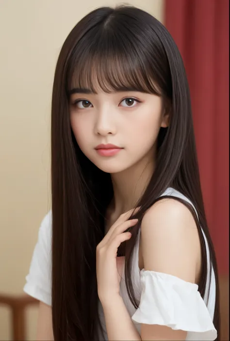 Unparalleled beauty, Glossy firm and shiny skin, Bangs between the eyes, Shiny straight beauty black hair, Super Long Straight Silky Hair, eye line, Sexy beautiful innocent 14 years old, High resolution big big beautiful bright maroon eyes, Beautiful and n...