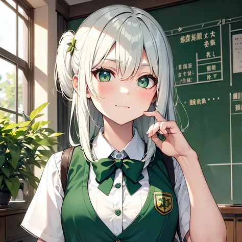 Green eyes, pure white hair color, green hair ornament, school uniform, mature atmosphere, high school girl vest, serious personality