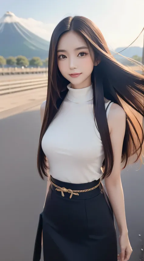 (Refreshing smile:1.5),(Look at viewers:1.1),(hide ones hands:2.0),(Beautiful Japan Woman),(straight haired, Long hair, strong wind in the hair:1.5), ( High neck sleeveless , tight skirts:1.5), (high-heels;1.3), detailed clothes, (Perfect female body), (N...