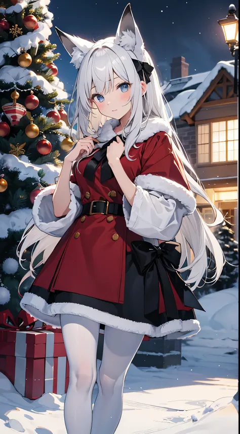 Super detailed game CG, (A high resolution:1.1), 1 girl in,Alone, the night, 城市，christmas，white color hair，black pantyhose，nevando，fox ear，snowfield，Christmas tree