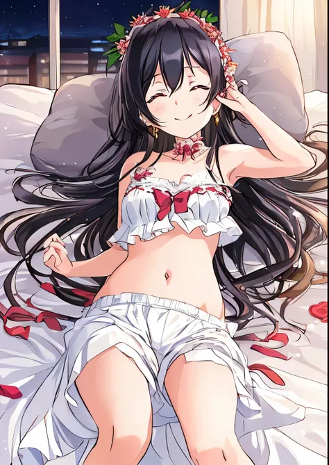 masterpiece, best quality, masterpiece (setsuna yuki:1.3), sleeping, closed eyes, grey eyes, smile, long hair, black hair, baref...