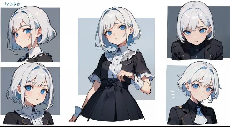 ((Masterpiece, Highest quality)), Detailed face, character sheets, full bodyesbian, 1boys,shoun，childrens，Babe， Blue eyes, White hair,  medium hair , hair between eye,Black loose blouse, Full of details, Multiple poses and expressions, Highly detailed, Dep...