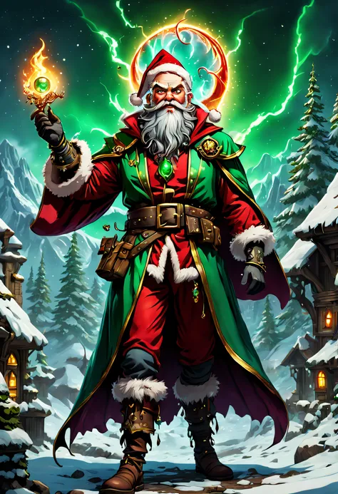 ultra detailed illustration of a santa looking wizard in christmas colored clothes, dynamic pose, borderlands merged with darkest dungeon, masterpiece, (best quality:1.4) sharp focus, cel-shaded style, illustration by Mschiffer, cartoon, vector, cartoonish...