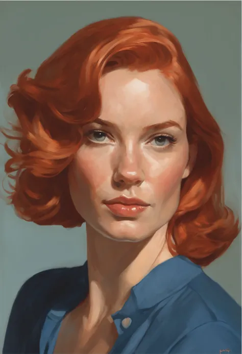 Painting of a red-haired woman with a snub nose and short hair, strip boxing, crew cut, in a blue shirt with a brush and makeup shadows in his hands., detailed color portrait, Phil Noto and james jean, Phil Noto comicbook cover art, Painted portrait of the...