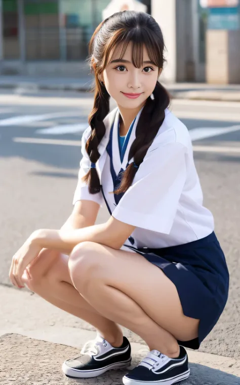 (​masterpiece、high-level image quality、hightquality)、a beauty girl, (Skirt lifting), looking in camera, Angle from below, Short skirt, Squatting, Shy smile, Japan JK Uniform , Beautiful skin, ((最hightqualityの, 16 K, masutepiece: 1.3)), One Woman, Light on ...