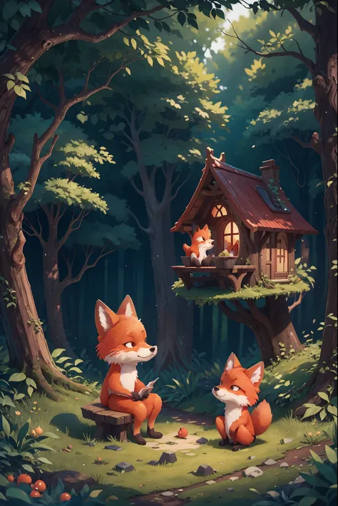 the woods，In the forest，((red fox))，Fairy tale illustration，(((No Man)))，(((No Man)))，(((No Man)))，nobody,