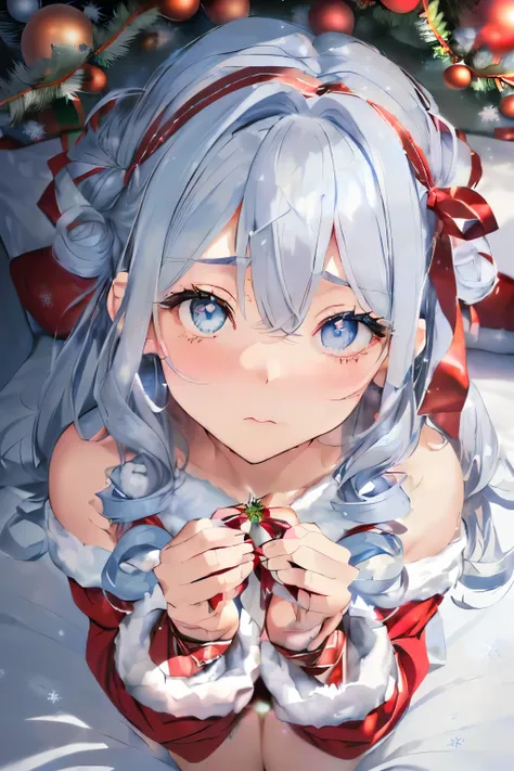 (shiny gray hair),(Fluffy hair with curls:1.2),(Light blue eyes),(With bangs),Slight red tide,(christmas color ribbon:1.4),(Enveloping the body:1.45),(my body is a gift:1.Lace々Lace is used in:1.3),(on the beds:1.65),(Holy Night),(Your eyes are shining like...