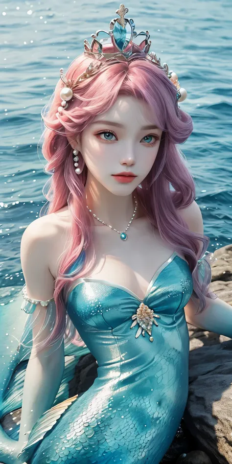 There was a woman，Has a mermaid tail, sitting on a rock, Mermaid aesthetics, Beautiful  mermaid, sera bonita, Portrait of a mermaid,  Ethereal mermaid story, Mermaid Cute Book, Ethereal fantasy, 像Mermaid Queen一样微笑, Mermaid Queen , crown on coral head , pea...