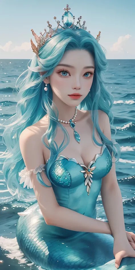 There was a woman，Has a mermaid tail, sitting on a rock, Mermaid aesthetics, Beautiful  mermaid, sera bonita, Portrait of a mermaid,  Ethereal mermaid story, Mermaid Cute Book, Ethereal fantasy, 像Mermaid Queen一样微笑, Mermaid Queen , crown on coral head , pea...