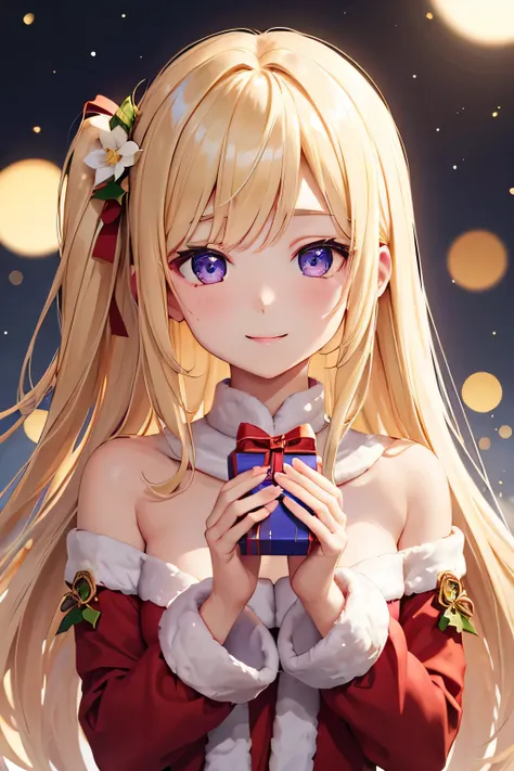 Beautiful blonde precise and detailed two side up hairstyle、Santa Claus Costume、Christmas、absurderes、Christmas柄のリボン、Cute young lady、独奏、Boobs Boobs Deep and Detailed Eyes、Beautiful, Delicate and detailed purple eyes、Very beautiful and delicate shining eyes、...