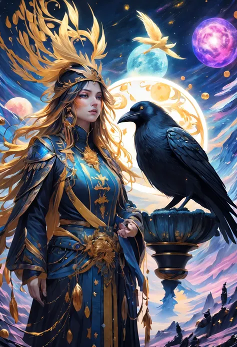 um pinguim imperador acompanhado de uma mulher branca de cabelos pretos, a blue slime and a golden crow with a galaxy scene in t...