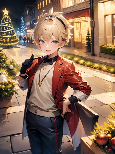 Kindergarten boy,Longhaire， Background with（In the street）flashy illumination，Huge Christmas tree with flashy lights， Santa figure，Its cool, ​masterpiece, from side, a smile,