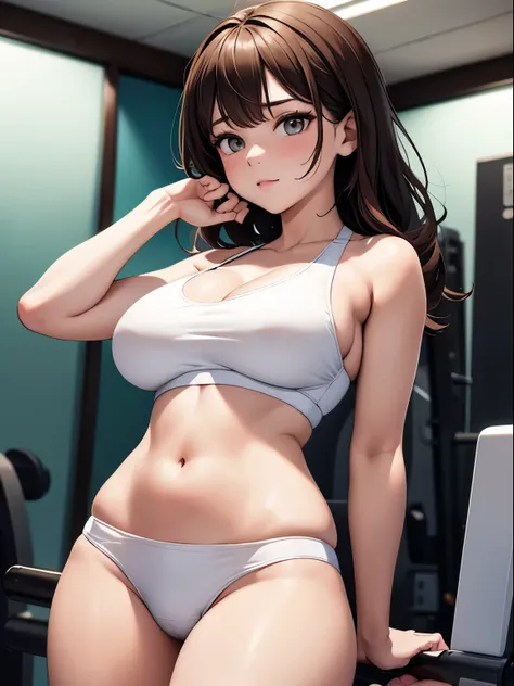 the Extremely Detailed CG Unity 8K Wallpapers,Best Quality,masutepiece,Extremely detailed,Realistic,NSFW,1girl in,A Japanese Lady,(Big breasts:1.4),cleavage,Toned and glamorous body,(white sports bra:1.3),(White high-leg bikini:1.3),Medium Hair, Brown hair...