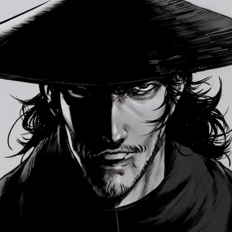 Drawing of man wearing hat, ninja scroll anime style, Takehiko Inoue, Inspired by Yoshihiko Wada, He is very threatening and sexual, raiden metal gear, inspired by Kawabata Ryūshi, kentaro miura manga art style, Inspired by Kanebo,  Cartoon portrait，Comple...