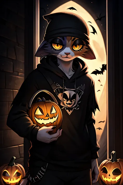 trick-or-treater, mobians, darkness, ambient, intricate detail, refined detail, high resolution, candy, meow skulls, beanie, yel...