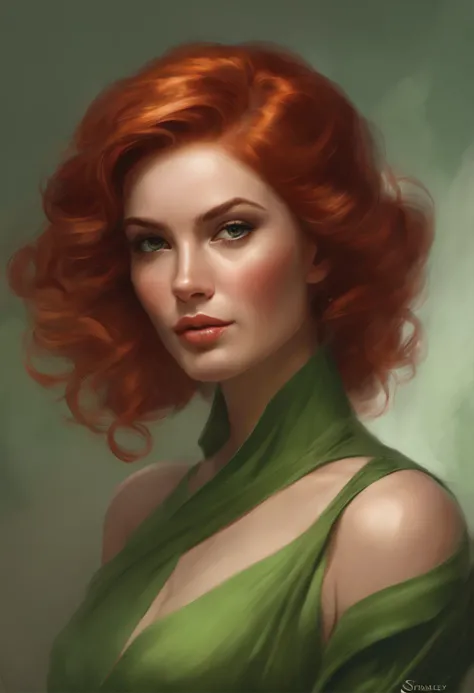 Painting of a woman with red hair and a green dress, Short Hair Hair, nose potatoes, Character portrait, Character portrait, cgsociety portrait, Based on Stanley Artgerm, High Quality Portrait, beautiful character painting, detailed color portrait, fantasy...