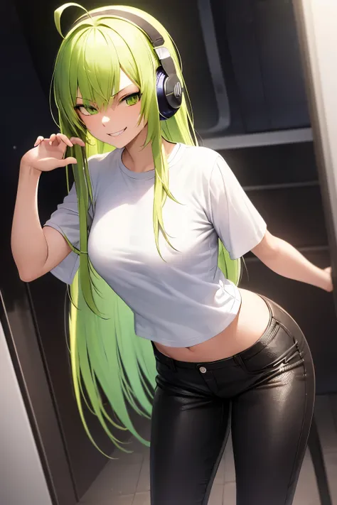 ((best quality)), ((masterpiece)), (detailed), perfect face, 1girl, lime hair, very long hair, ahoge, green eyes, leather jacket, white T-shirt, short black pants, fishnets, studio, headphones off, smirking at viewer, standing up