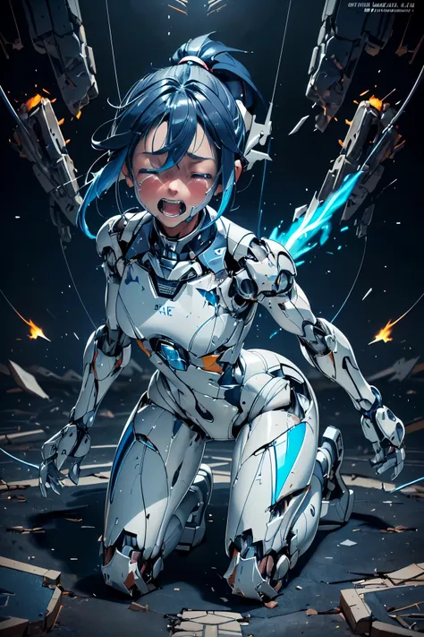 (((masterpiece))), Girl Robot, (loli:1.4), (Gamine:1.5), (Streamlined body based on white), White and navy blue pilot suit, White and navy blue tight-fitting clothing, White and navy blue thigh cover pants, White and navy blue shoulder cover clothes, White...