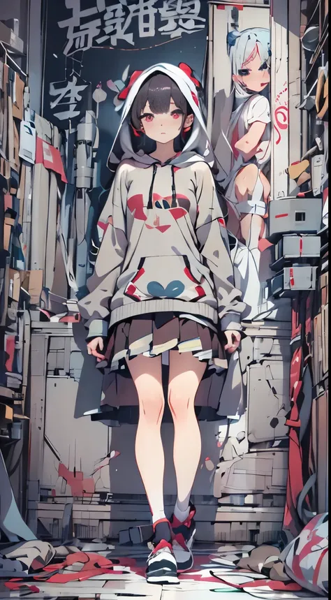 anatomy explosion、Perfect body、woman standing in front of a painted wall、Anime style、Natural color clothing:1.5、knit hoodie、skirt by the、knee sox、digital art in anime style、anime-inspired、Dark、Calm atmosphere、Silence、top-quality、masuter piece、ultra-detaill...