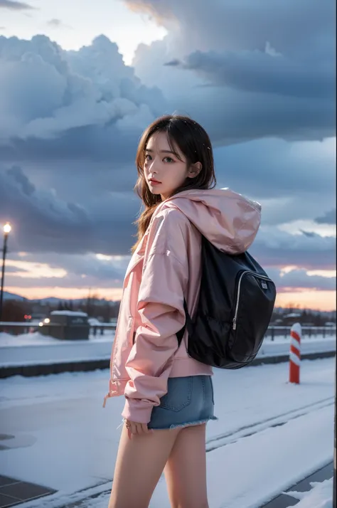 1 girl，pretty eyes，pink jacket，dark stormy clouds，Sateen，mirth，hoody，Superskirt，Open jacket，backpacks，messy  hair，8K分辨率，The content is very detailed，Anatomically correct，Sharp Images，Trends on pixiv，8k，tmasterpiece, Best quality, 城市，nevando，snow cover，