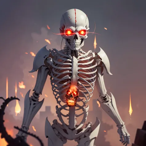 A skeleton built out of computer parts slowly walks towards camera with glowing red eyes --auto --s2