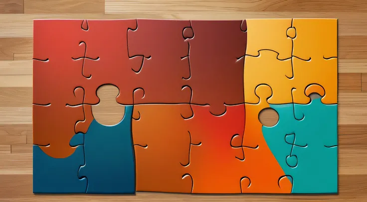 Develop an abstract puzzle coming together, each piece representing a unique aspect of a relationship. Utilize warm hues to convey harmony, illustrating that understanding and accepting differences complete the picture.