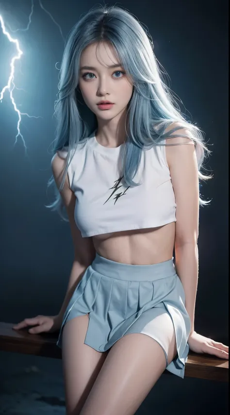 1 girl，white shirt,{Best bare knee quality,The content is very detailed,{{tmasterpiece}},ultra - detailed,Lighting light}}},depth of fields,Wind lift,Very long hair,Eye beauty machine arm}}},{Magic circle surrounded by lightning},light blue eyes,beautidful...