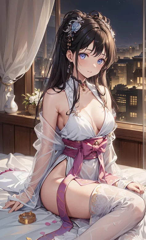 quality、image quality、tmasterpiece、girl ((Sixteen years old、best bust、medium chest circumference、obsessed、Sexual suggestiveness、sexual teasing、lacivious pose、Lie flat,silver slightly curly hair、slenderness、Grand canyon、Silver blended transparent Hanfu matc...