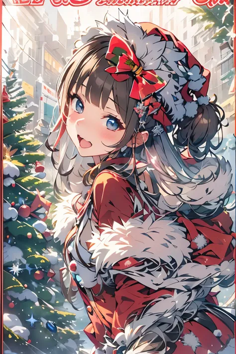  composition、santa claus 、one girls、独奏、one girl、cute  face、Smiling、slender and beautiful style、A dark-haired、Braided pigtails、Red santa claus Hat、Realistic、Attractive style、粉雪の降るnatta、聖なるnatta、静寂のnatta、Christmas tree、Christmas Colors、Winters、綺麗なnatta空、natt...