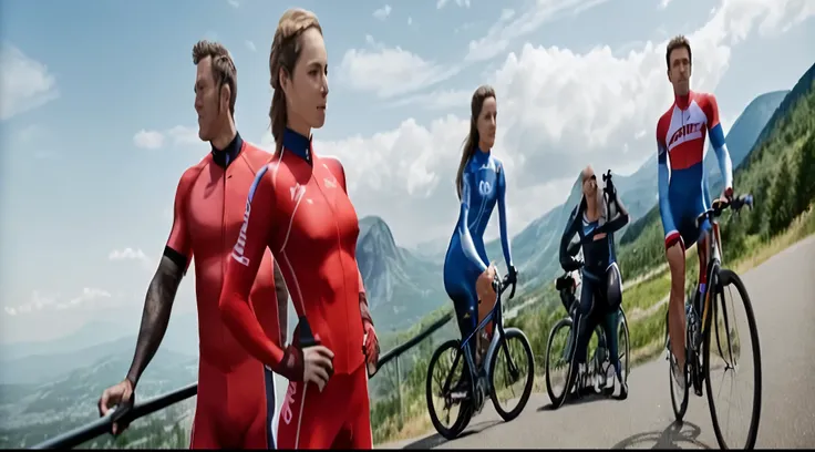 On the right side of the picture is a foreign man and a woman，Cycling Suit，Monte，Monte地车，Photorealistic photography，tmasterpiece