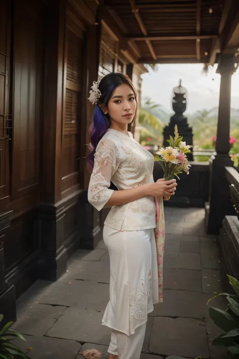 generate a beautiful lady wearing balinese kebaya, multicolor colorfull hair, wearing tight balinese kebaya , holding a flower, she is a beautifull lady who is really charming, beautiful face,fullbody picture,((sfw)),standing in front of balinese temple, b...